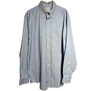 Brooks Brothers Shirt Mens Large Blue White Stripe Regular Fit Non Iron‎ Cotton